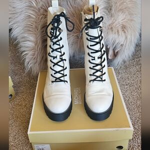Michael Kors Bryce Lace-up Combat Boots In Light Cream Color